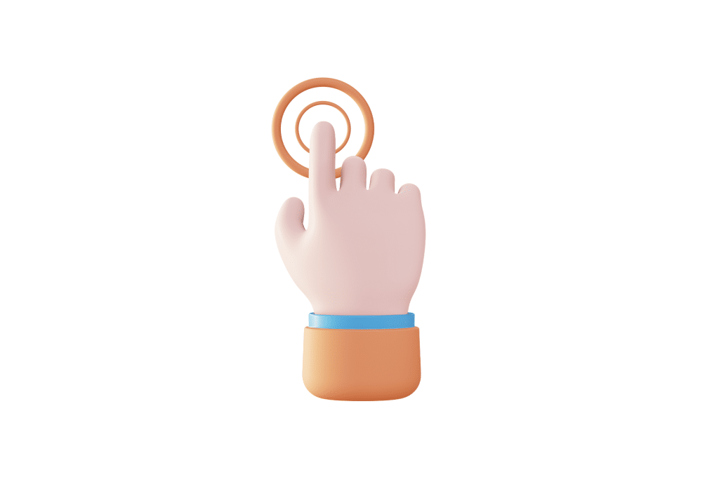 3D illustration of a hand with an extended index finger touching a brown circular button, reminiscent of using iPhone Back Tap shortcuts, isolated on a white background.