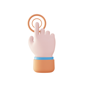 3D illustration of a hand with an extended index finger touching a brown circular button, reminiscent of using iPhone Back Tap shortcuts, isolated on a white background.