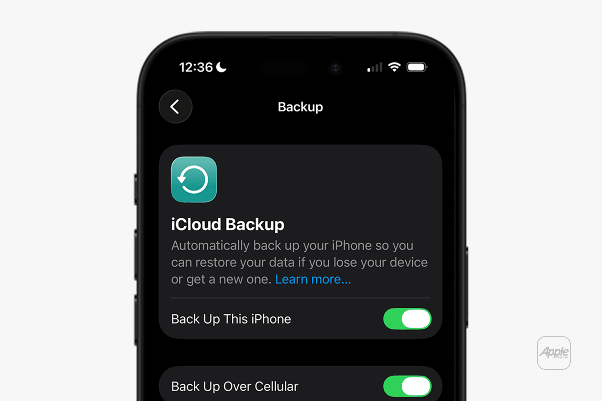 A smartphone screen displays the iCloud Backup settings, both options toggled on. Perfect for an iPhone backup guide, it shows how to back up your iPhone and use cellular data. The time is 12:36, and the device is charging.
