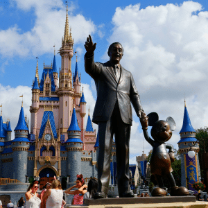 A bronze statue of a man holding hands with Mickey Mouse stands before a pink and blue fairytale castle at a busy theme park, where crowds gather under a partly cloudy sky to celebrate Disney board member Jeff Williams' legacy.