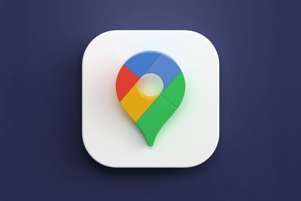 3D icon of the Google Maps location pin, featuring red, yellow, green, and blue segments, shown on a rounded white square with a dark blue background—perfect for automatic parking save features.