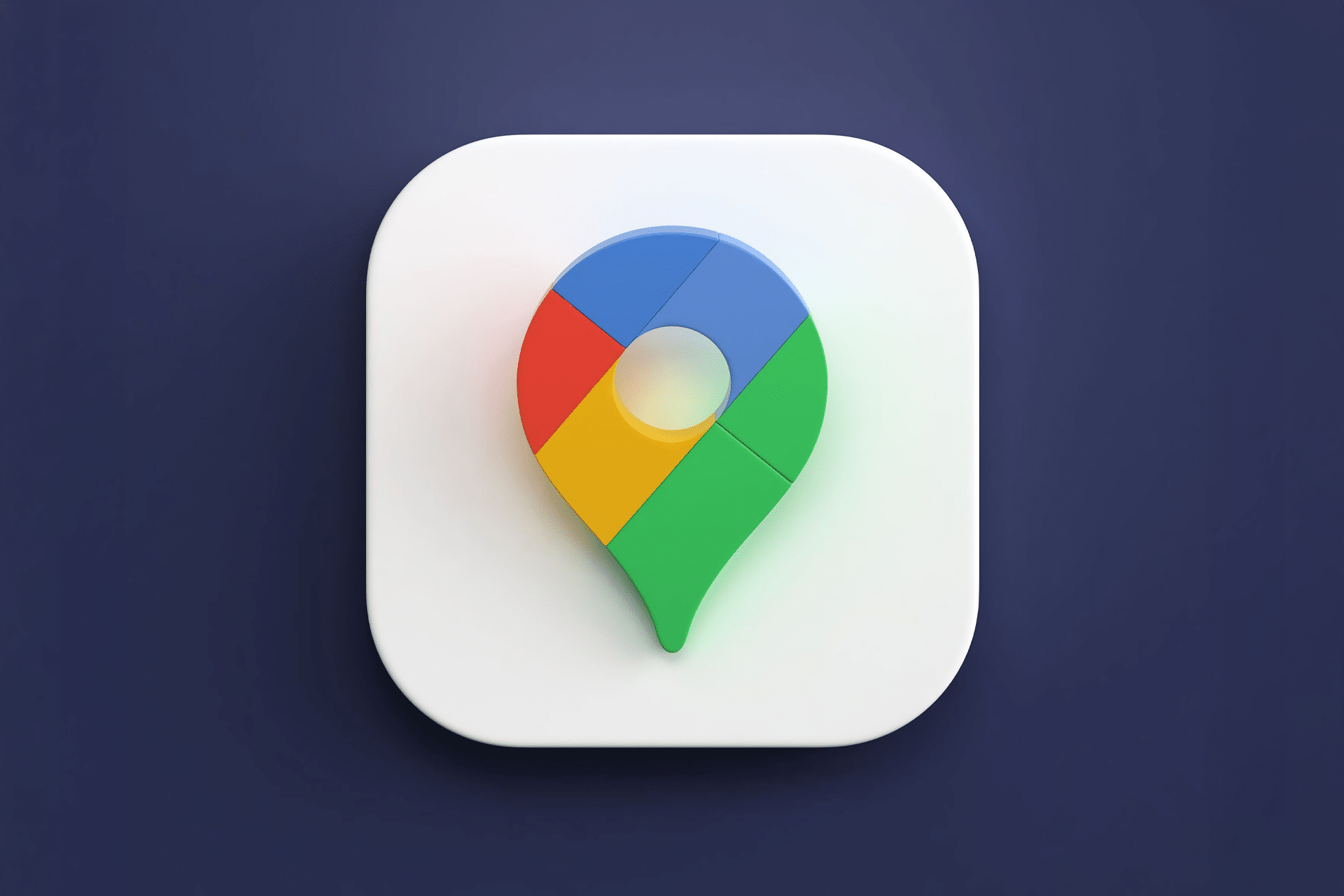 3D icon of the Google Maps location pin, featuring red, yellow, green, and blue segments, shown on a rounded white square with a dark blue background—perfect for automatic parking save features.