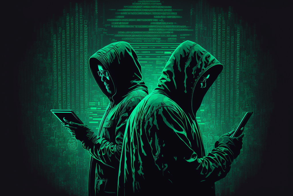 Two people in hooded jackets, facing away from each other, use digital devices in a dark setting with glowing green code and binary—hinting at hackers posing as law enforcement amid themes of hacking or cybersecurity.