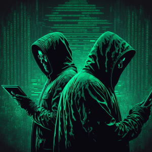 Two people in hooded jackets, facing away from each other, use digital devices in a dark setting with glowing green code and binary—hinting at hackers posing as law enforcement amid themes of hacking or cybersecurity.