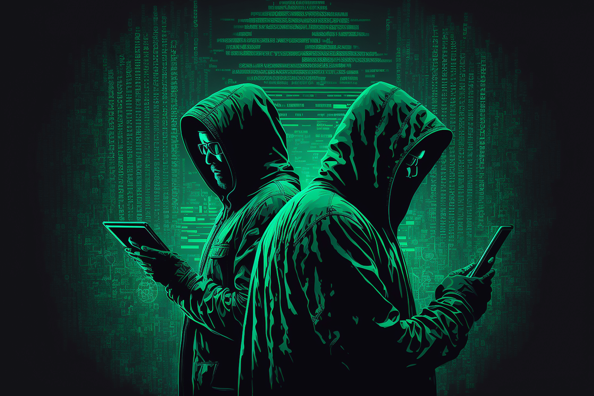 Two people in hooded jackets, facing away from each other, use digital devices in a dark setting with glowing green code and binary—hinting at hackers posing as law enforcement amid themes of hacking or cybersecurity.