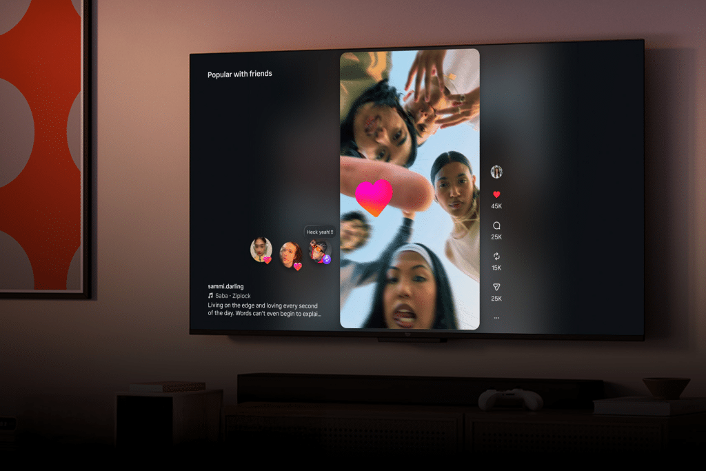 A TV screen shows an Instagram Reels vertical video of five young people looking down at the camera with a pink heart icon. On the left, Fire TV displays comments, likes, and engagement stats. The dim room reveals part of a colorful painting.