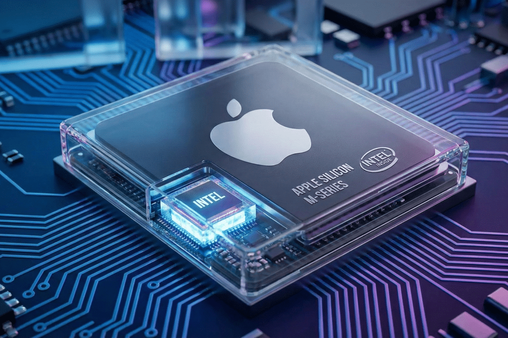 A close-up of a computer chip featuring the Apple logo and "Apple Silicon M Series" text sits beside a smaller Intel chip on a blue circuit board background, highlighting the apple intel chip partnership.
