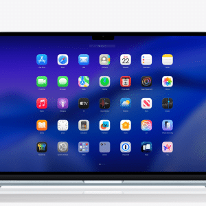A laptop displaying a blue-purple gradient screen with app icons arranged in rows, resembling the macOS Launchpad interface, is centered on a white background—ideal for illustrating launchpad removal macos 26.