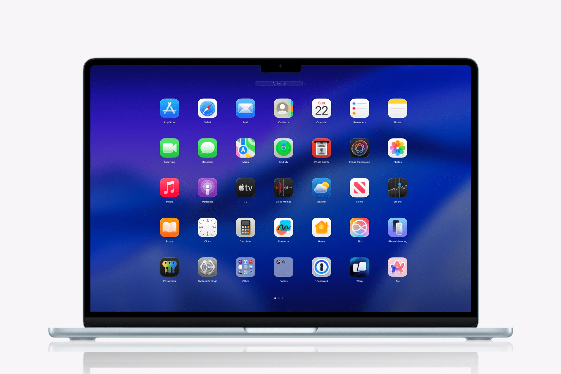 A laptop displaying a blue-purple gradient screen with app icons arranged in rows, resembling the macOS Launchpad interface, is centered on a white background—ideal for illustrating launchpad removal macos 26.