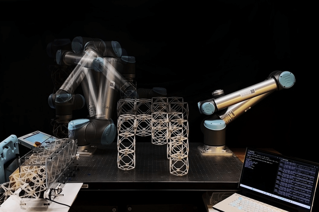 Two robotic arms assemble intricate 3D geometric structures on a workbench, with a laptop displaying code and a speech reality system interface nearby. The black background highlights the motion and precision of the robots.