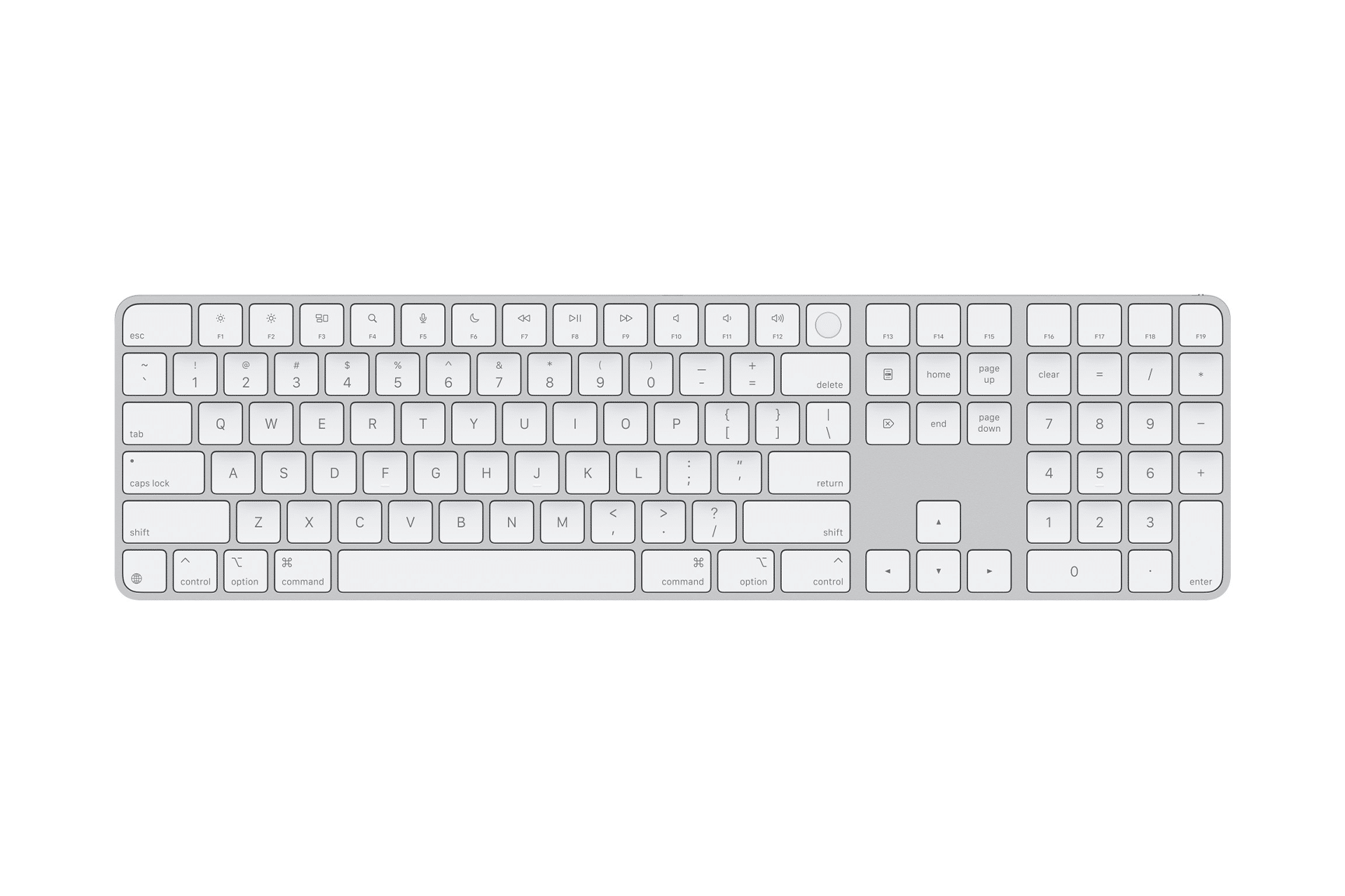 A white and silver Magic Keyboard wireless extended keyboard with a numeric keypad, arrow keys, function keys, and standard QWERTY layout, photographed from above on a white background.