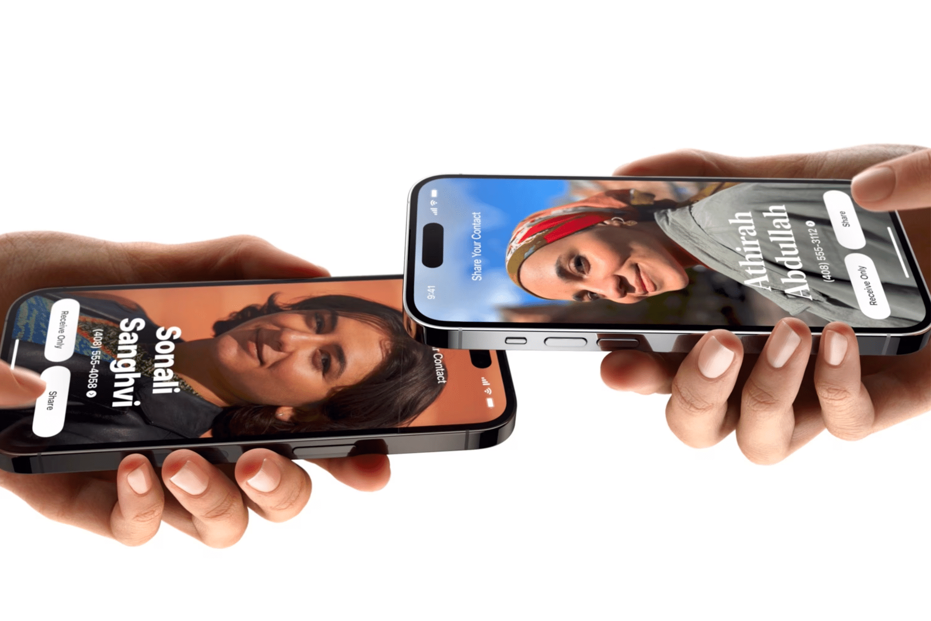 Two hands each hold a smartphone using iPhone NameDrop contact sharing, displaying digital profile cards with a woman’s name and photo. The phones are positioned close together, appearing to seamlessly share contact information.