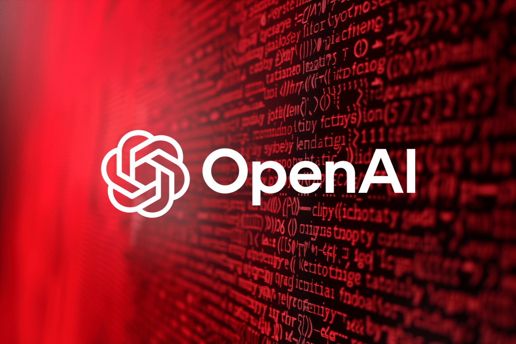 The OpenAI logo and name are displayed in white over a red background filled with lines of computer code, reminiscent of the Code Red memo from Altman.