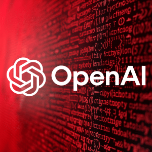 The OpenAI logo and name are displayed in white over a red background filled with lines of computer code, reminiscent of the Code Red memo from Altman.