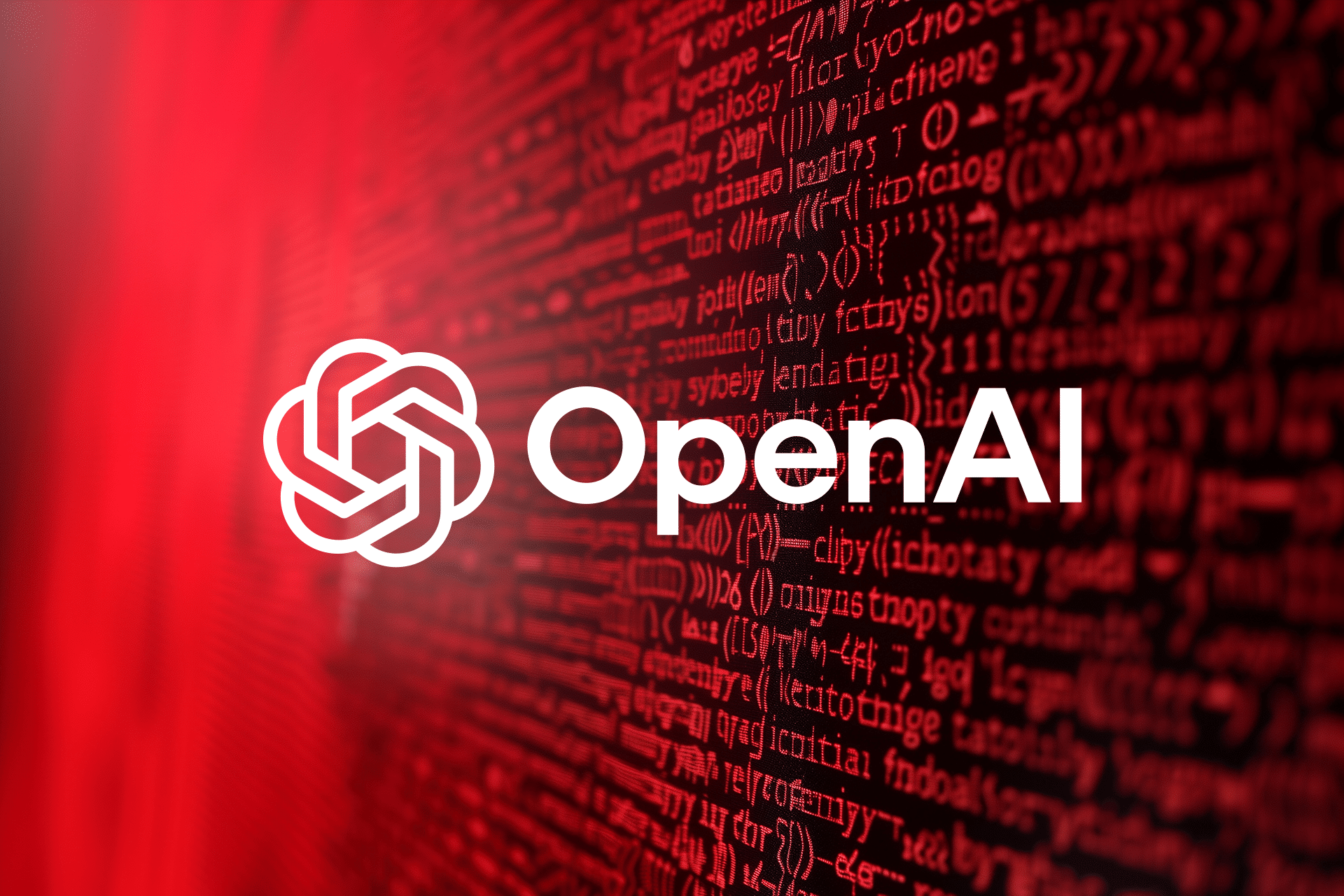 The OpenAI logo and name are displayed in white over a red background filled with lines of computer code, reminiscent of the Code Red memo from Altman.