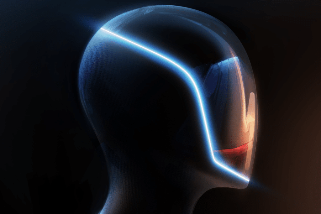 A futuristic, glossy humanoid figure with a smooth, helmet-like face and a glowing blue outline evokes the advanced design of Elon Musk robots, set against a dark background with visor reflections hinting at a digital or sci-fi theme.