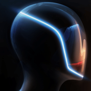 A futuristic, glossy humanoid figure with a smooth, helmet-like face and a glowing blue outline evokes the advanced design of Elon Musk robots, set against a dark background with visor reflections hinting at a digital or sci-fi theme.