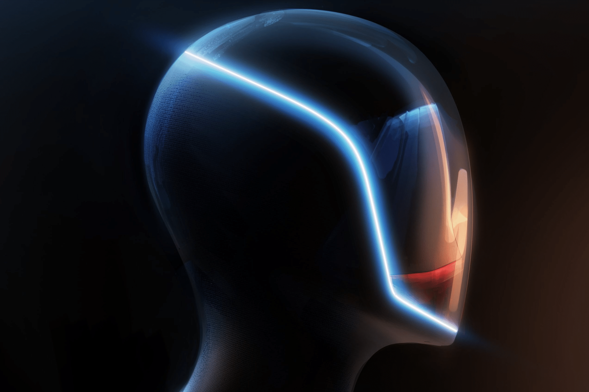 A futuristic, glossy humanoid figure with a smooth, helmet-like face and a glowing blue outline evokes the advanced design of Elon Musk robots, set against a dark background with visor reflections hinting at a digital or sci-fi theme.