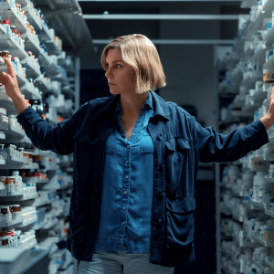A woman with short blonde hair stands between shelves filled with medicine bottles in a dimly lit pharmacy, wearing a blue shirt and dark jacket, looking to her left with a serious expression in this scene from Pruribus Confirm Season 2.