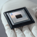 A gloved hand holds a computer microchip—reminiscent of quantum chips used in Apple devices—in a black frame, highlighting its metallic surface and intricate details against a blurred, neutral background.