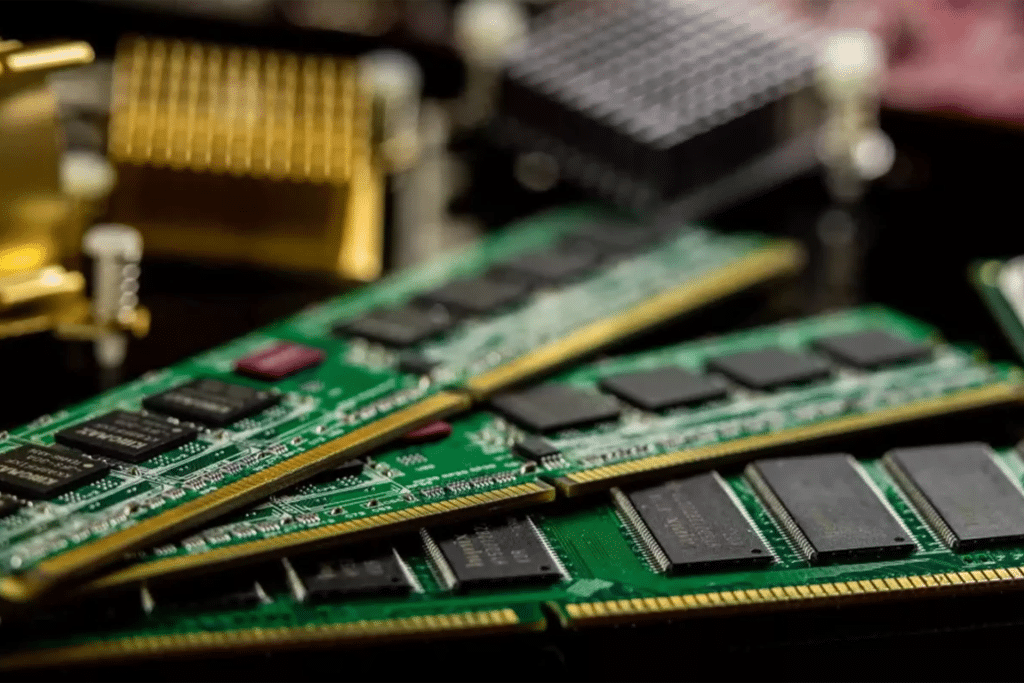 Close-up of three green computer RAM sticks with black chips, stacked diagonally, with blurred electronic components in the background—capturing the impact as RAM Manufacturing Shifts Raise Costs.