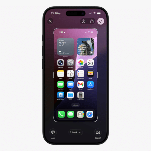 An iPhone displaying its home screen with app icons and widgets, featuring overlay options for sharing, searching, and more—perfect for any iPhone Screenshot Guide.