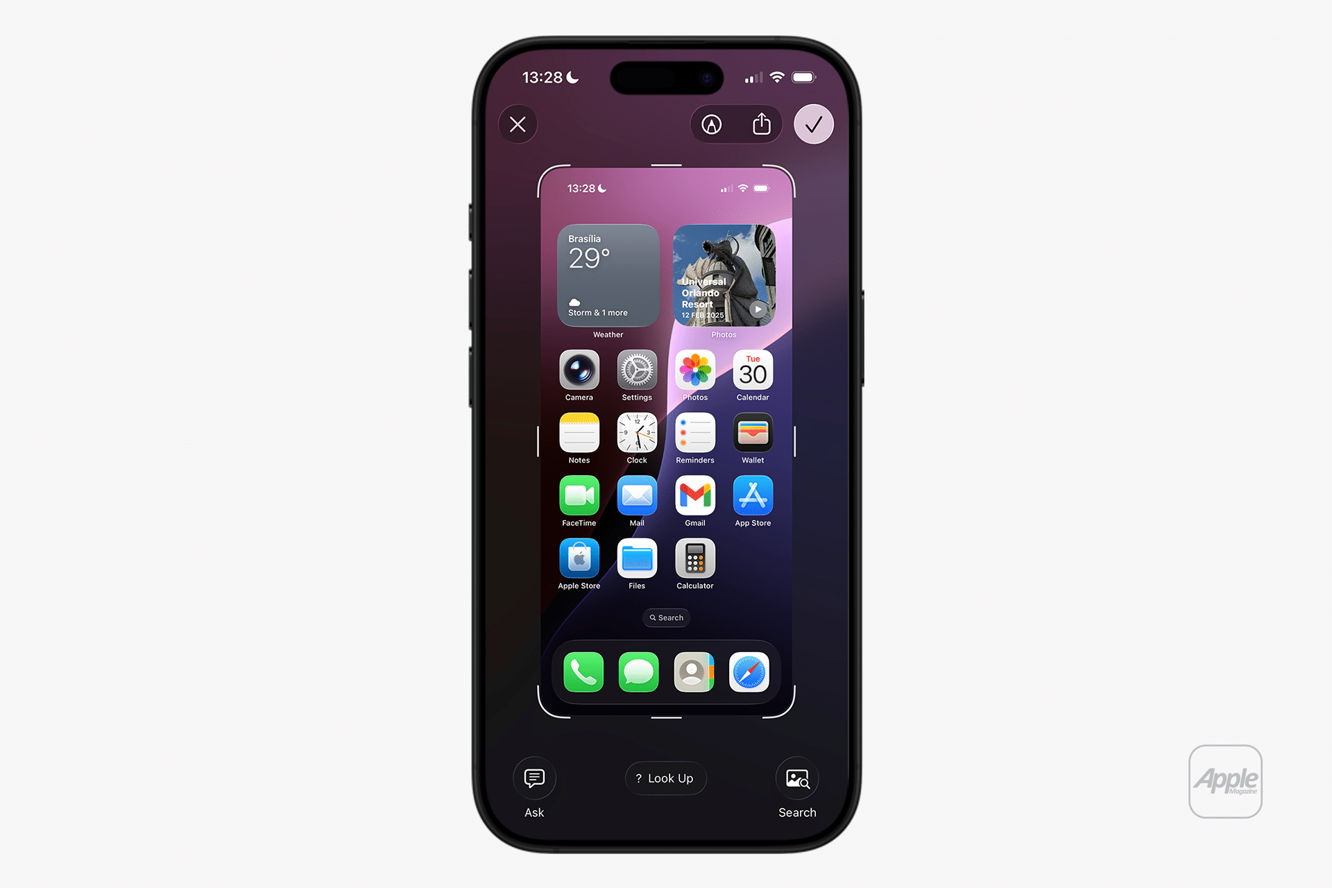 An iPhone displaying its home screen with app icons and widgets, featuring overlay options for sharing, searching, and more—perfect for any iPhone Screenshot Guide.