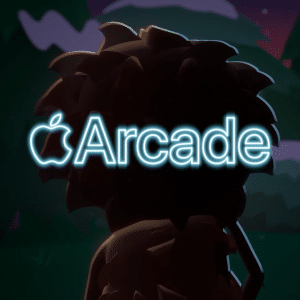A glowing Apple Arcade logo is centered over the silhouette of a sneaky Sasquatch with spiky hair, set against a dark, cartoon-style forest background with hills and clouds.