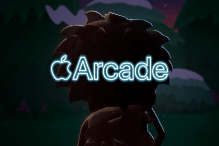 A glowing Apple Arcade logo is centered over the silhouette of a sneaky Sasquatch with spiky hair, set against a dark, cartoon-style forest background with hills and clouds.