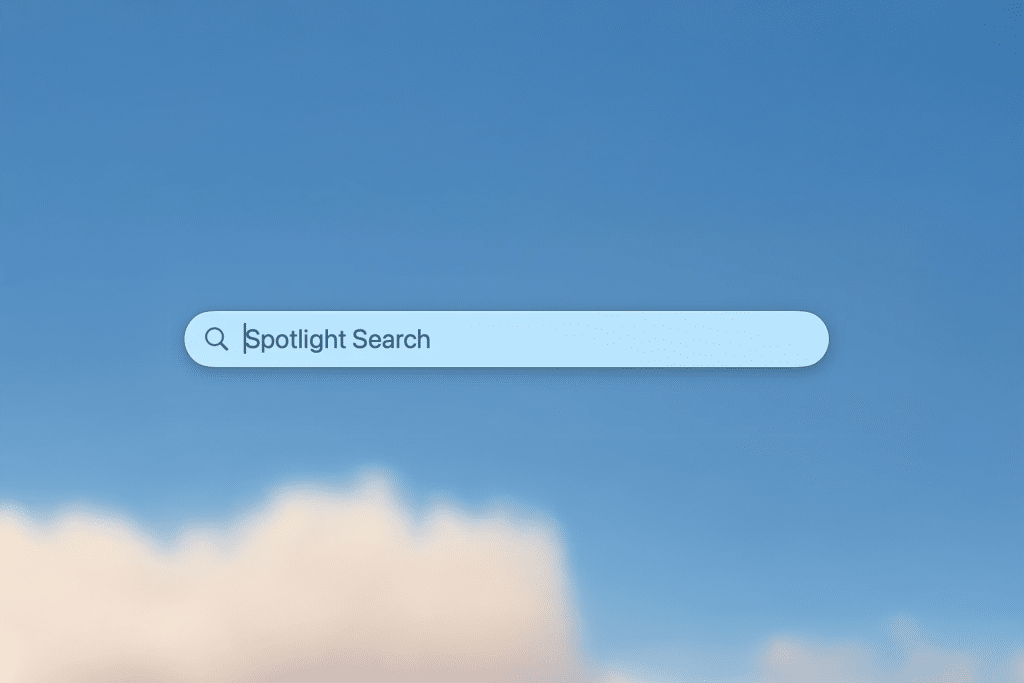 A Spotlight Search bar appears centered on a clear blue sky background with a few soft clouds at the bottom, perfect for discovering new Spotlight search tips on your Mac.