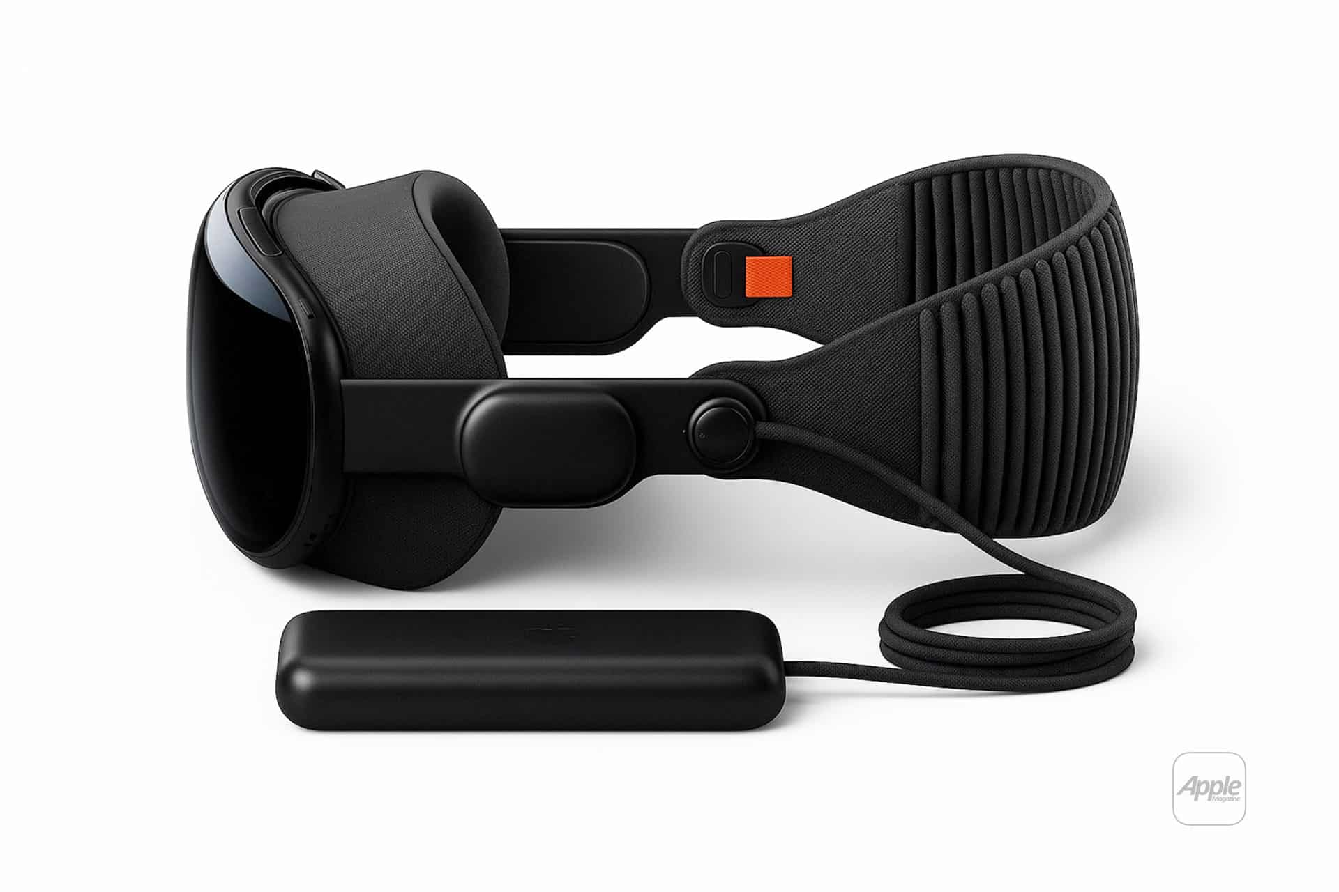 A leaked image showcases an all-black Apple Vision Pro mixed reality headset with prototype parts and an attached battery pack, connected by a cable, displayed from the side on a white background.