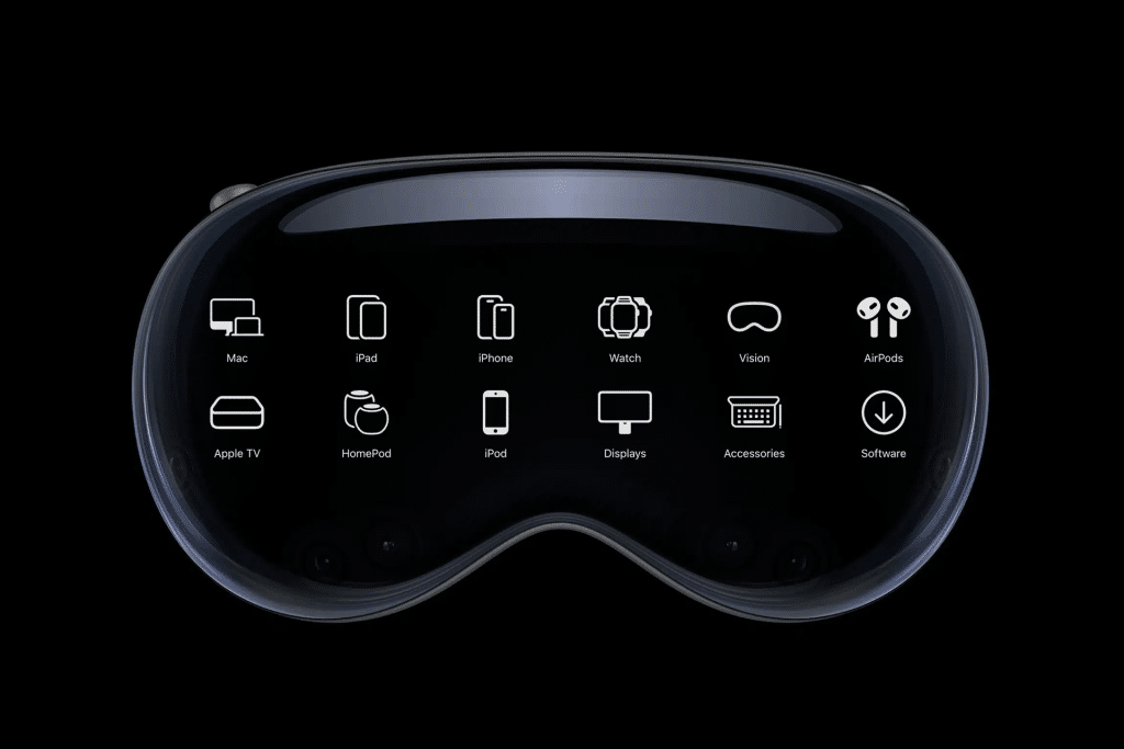 A pair of sleek, futuristic smart goggles display icons for Apple devices and services—including Mac, iPad, iPhone, Vision Pro with hyper specific Vision Pro use cases—on a black background.