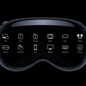 A pair of sleek, futuristic smart goggles display icons for Apple devices and services—including Mac, iPad, iPhone, Vision Pro with hyper specific Vision Pro use cases—on a black background.