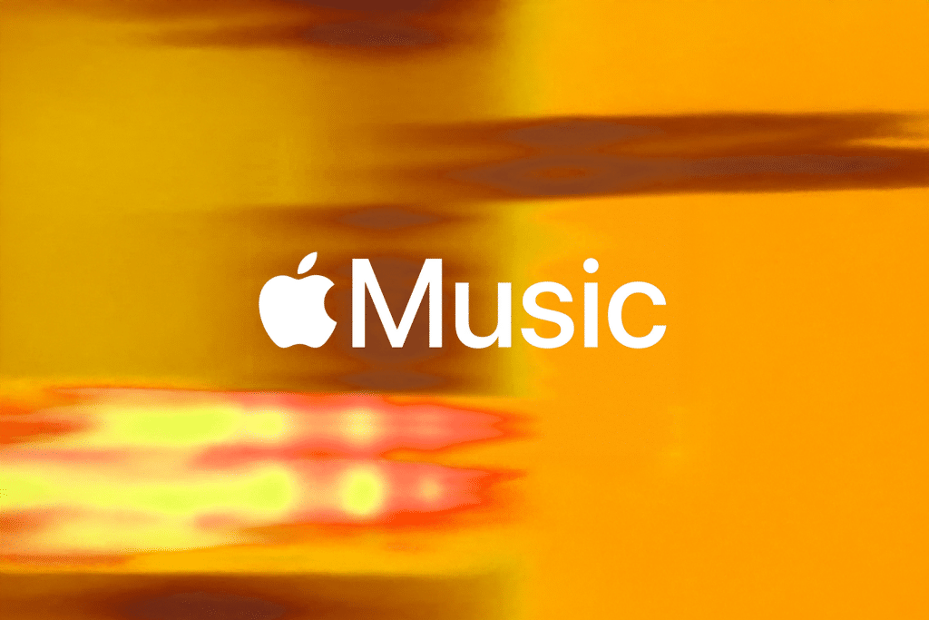Apple Music logo in white text, featuring the Apple icon, centered on a vibrant orange and yellow abstract background with blurred streaks, inspired by the energy of the Apple Music Top 20 Songs 2025.