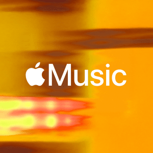 Apple Music logo in white text, featuring the Apple icon, centered on a vibrant orange and yellow abstract background with blurred streaks, inspired by the energy of the Apple Music Top 20 Songs 2025.