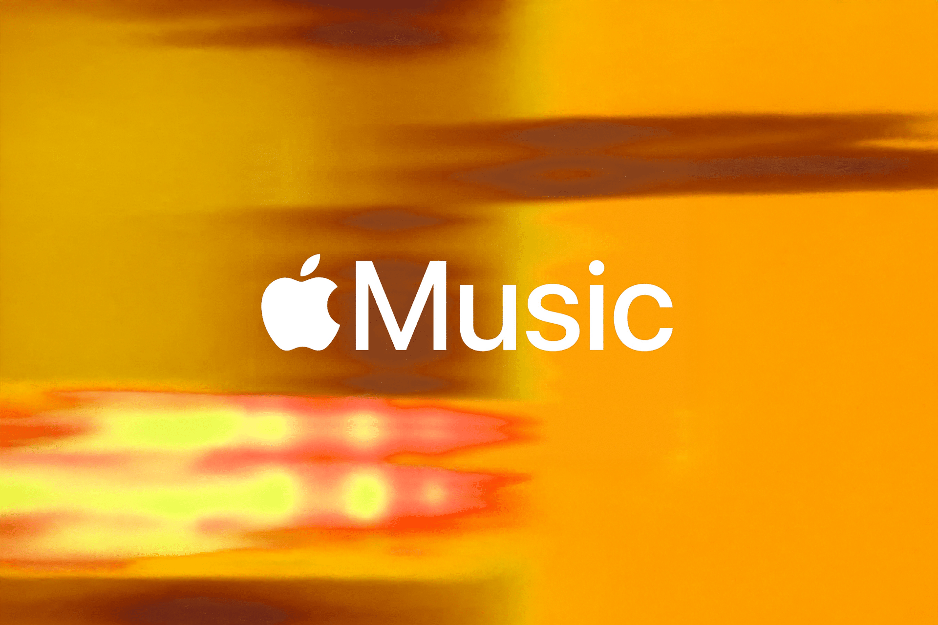 Apple Music logo in white text, featuring the Apple icon, centered on a vibrant orange and yellow abstract background with blurred streaks, inspired by the energy of the Apple Music Top 20 Songs 2025.