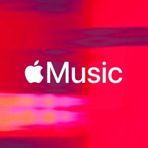 The Apple Music logo with white text and apple icon appears on a vibrant pink and red abstract background, highlighting the excitement of the apple music top 20 songs 2025 with blurred light streaks.