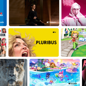 A collage of various streaming service thumbnails—games like Madden NFL 24 and MySims, shows, documentaries, music, fitness programs, and a lion from Prehistoric Planet—highlights the variety in an Apple One subscription bundle. Each has colorful, distinct artwork.