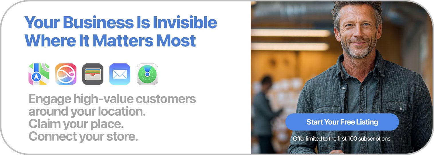 A smiling man stands in a business setting beside text: "Your Business Is Invisible Where It Matters Most. Engage high-value customers around your location with AI in higher education strategies. Claim your place. Connect your store." Button: "Start Your Free Listing.