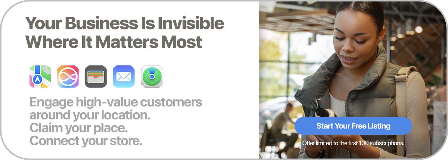 A woman uses her smartphone in a café. Text on the image says, “Your Business Is Invisible Where It Matters Most. Engage customers around your location. Claim your place. Connect your store.” A button says, “Start Your Free Listing.”.