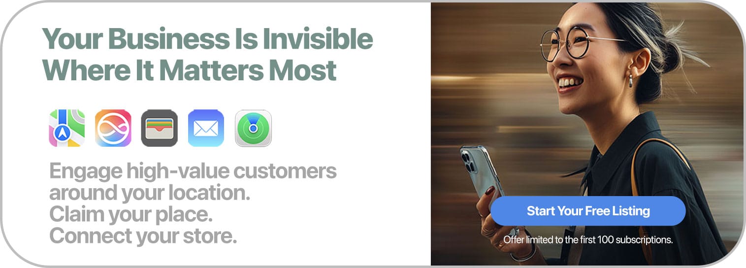 A smiling woman with glasses and a ponytail, holding an Apple phone case, walks outdoors. On the left, text reads “Your Business Is Invisible Where It Matters Most,” with app icons and a blue “Start Your Free Listing” button.