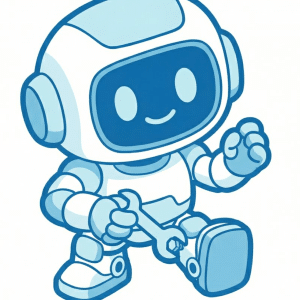 A cute, blue and white cartoon robot named Fixbot holds a wrench in one hand and waves with the other. With its big smiling face, this ai repair bot stands on one foot, looking friendly and approachable.