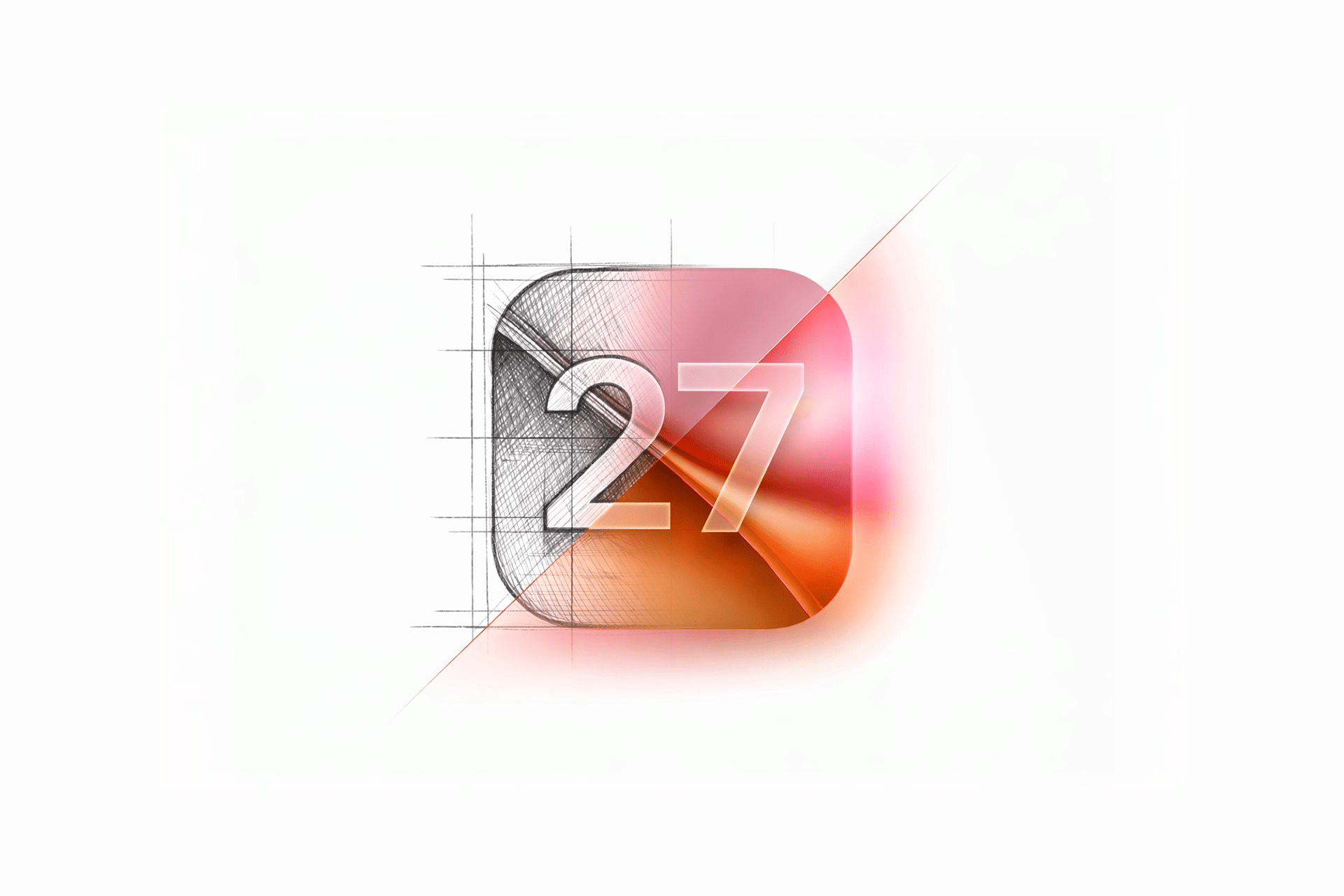 A square app icon is shown half as a pencil sketch and half as a glossy, orange-pink design with a bright gradient. The number "27" is centered, representing the sleek new look of iOS 27.