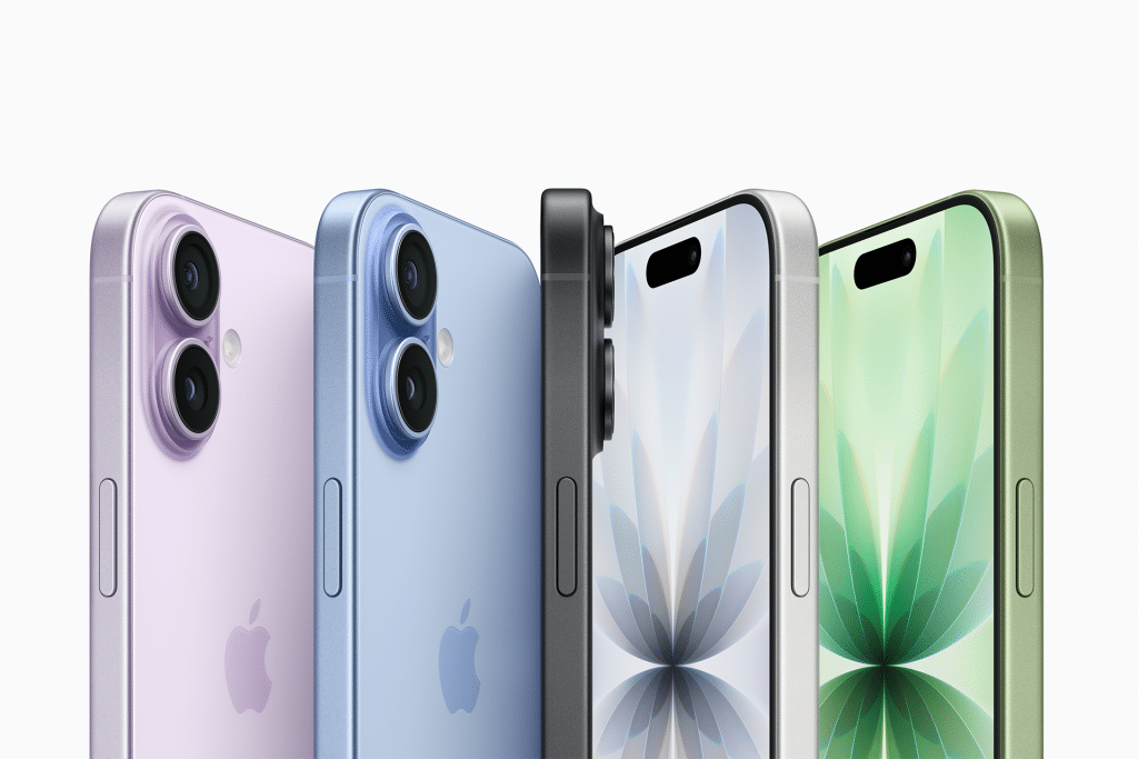 Five iPhones in different colors (purple, blue, black, white, and green) are shown side by side, displaying their backs with camera lenses and fronts with screen designs—highlighting the sleek look and upgraded iPhone 17 RAM.