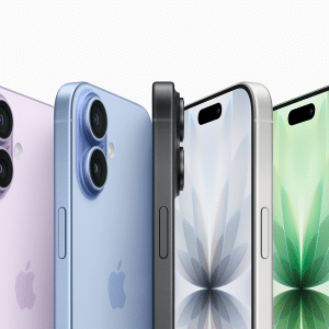 Five iPhones in different colors (purple, blue, black, white, and green) are shown side by side, displaying their backs with camera lenses and fronts with screen designs—highlighting the sleek look and upgraded iPhone 17 RAM.