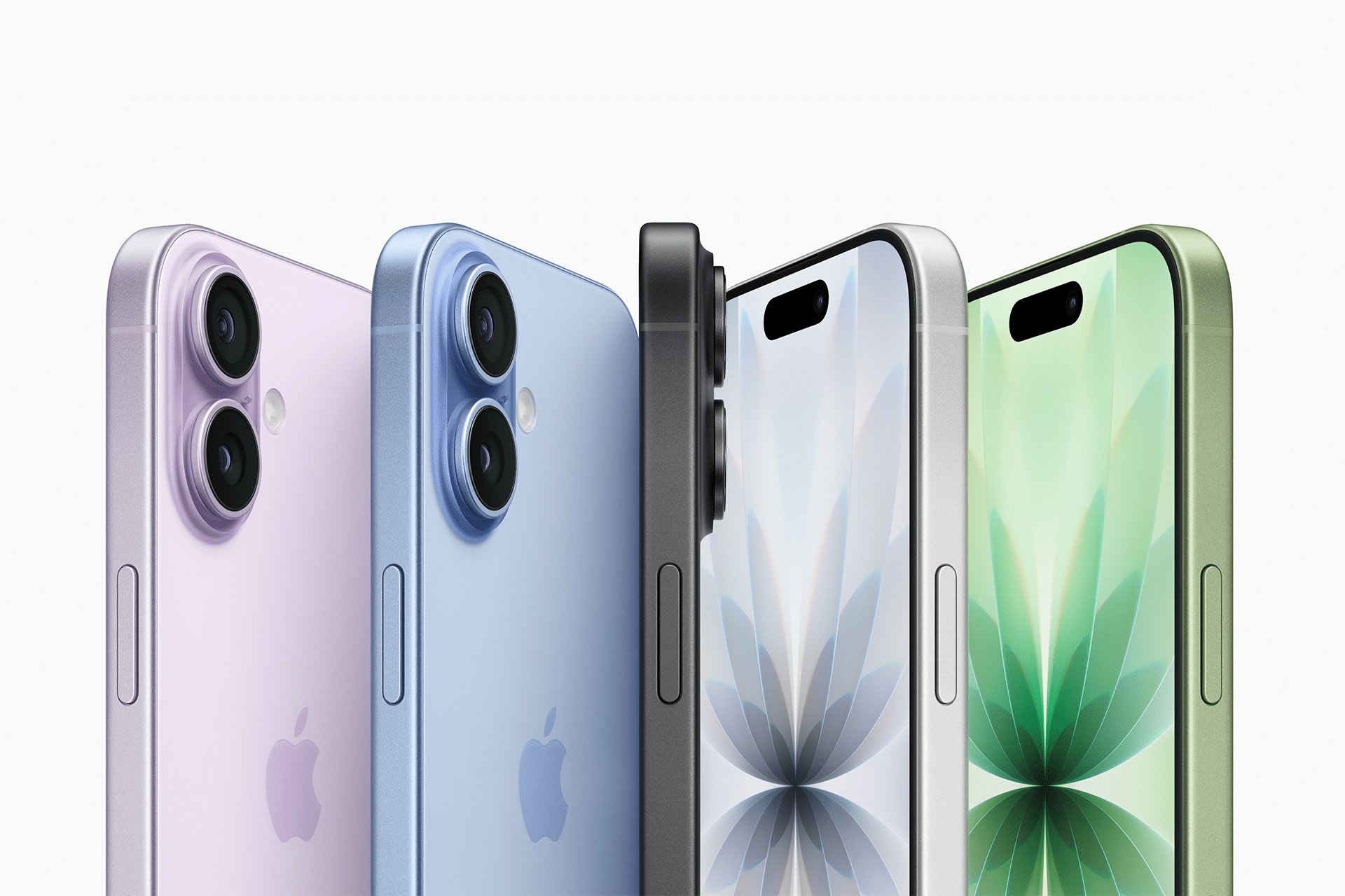 Five iPhones in different colors (purple, blue, black, white, and green) are shown side by side, displaying their backs with camera lenses and fronts with screen designs—highlighting the sleek look and upgraded iPhone 17 RAM.