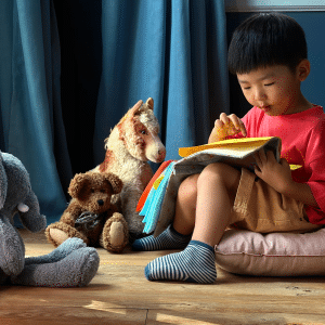 A young boy sits on a cushion reading a book, surrounded by plush toys including an elephant, a bear, and a horse, in a cozy room with wooden floors and blue curtains—perfect for holiday family photography with soft indoor lighting.