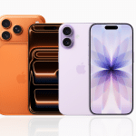 Three modern smartphones are shown upright: one orange with three rear cameras, one black with a glossy finish, and one light purple displaying a pastel flower. All have the Apple logo, highlighting the impressive iPhone 17 battery life.