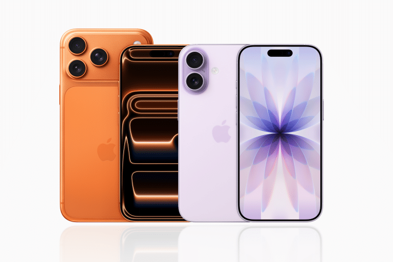Three modern smartphones are shown upright: one orange with three rear cameras, one black with a glossy finish, and one light purple displaying a pastel flower. All have the Apple logo, highlighting the impressive iPhone 17 battery life.