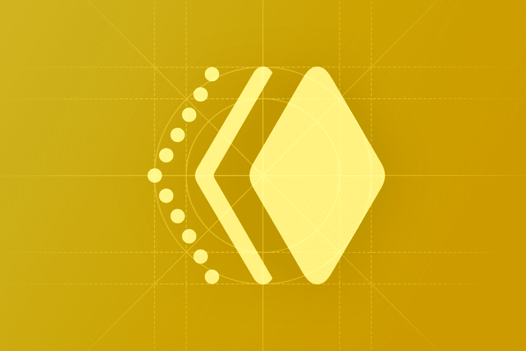 A geometric yellow and gold abstract design featuring a diamond shape overlapping with a chevron and a semicircle of small dots, all centered on a gradient background with grid lines, reminiscent of how Apple designs UI animations.